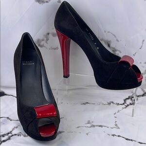Stuart Weitzman Puento Platform Heels Stiletto Peep Toe Red Patent Accents SZ 9
